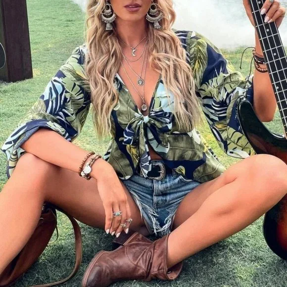 Boho Tropical Print Knot Front Blouse Top - Picture 3 of 5